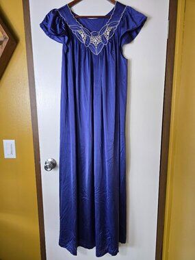 Vintage Embroidered Royal Blue Nightgown Large Lace Ruffle Sleeves